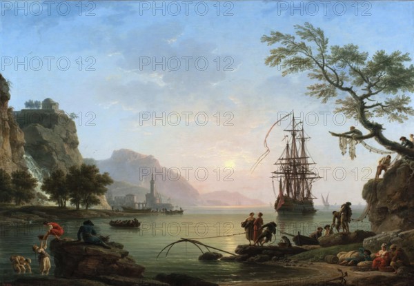 Claude Joseph Vernet (14 August 1714 - 3 December 1789), French painter, here his work, Fishing port at dawn (Morning) (1774), View of a harbour in the morning, In the centre is a large sailing ship surrounded by fishermen and small boats, Painting, Reproduction of the painting, Work of art, Historical