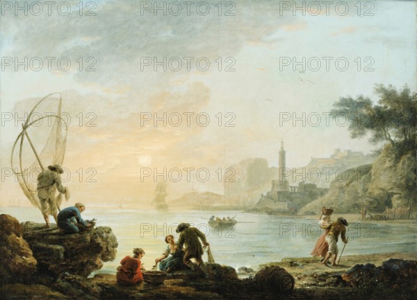 Claude Joseph Vernet (14 August 1714 - 3 December 1789), French painter, here his work, Fishers at the sunrise, Sunrise on a coast with fishermen, Painting, Reproduction of the painting, Work of art, Historical