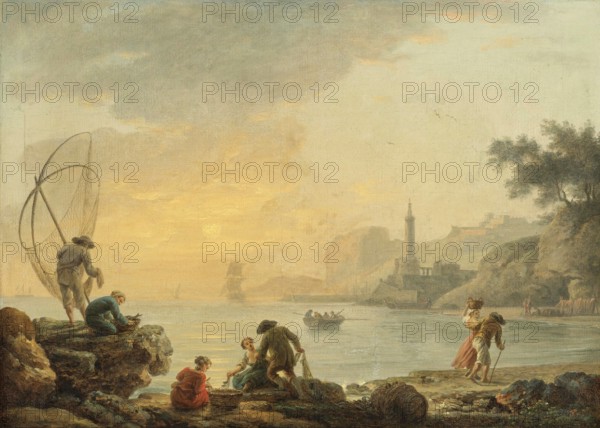 Claude Joseph Vernet (14 August 1714 - 3 December 1789), French painter, here his work, Sunrise With Fishermen, Sunrise on a Coast with Fishermen, Painting, Reproduction of the Painting, Work of Art, Historical