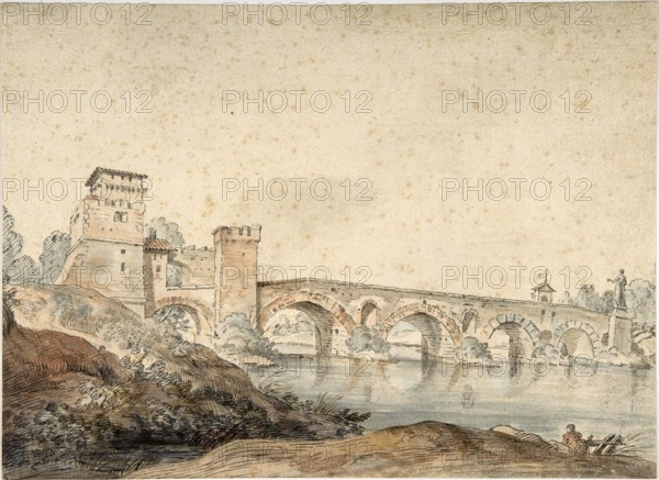 Claude Joseph Vernet (14 August 1714 - 3 December 1789), French painter, here his work, Ponte Molle, Rome (18th century), Bridge Ponte Milvio, formerly Ponte Molle, in Rome, Italy, Painting, Reproduction of the painting, Work of art, Historical