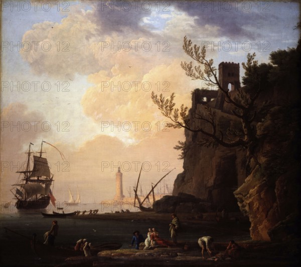 Claude Joseph Vernet (14 August 1714 - 3 December 1789), French painter, here his work, An Italianate Harbour Scene, An Italian harbour scene, probably the port of Genoa, Painting, Reproduction of the painting, Work of art, Historical