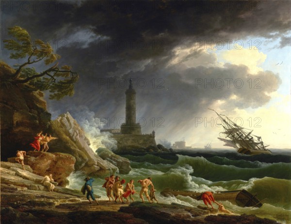 Claude Joseph Vernet (14 August 1714 - 3 December 1789), French painter, here his work, A Storm on a Mediterranean Coast (1767), Shipwrecked in a Storm on the Mediterranean Coast, Survivors Swim to the Beach and are Rescued, Painting, Reproduction of the Painting, Work of Art, Historical