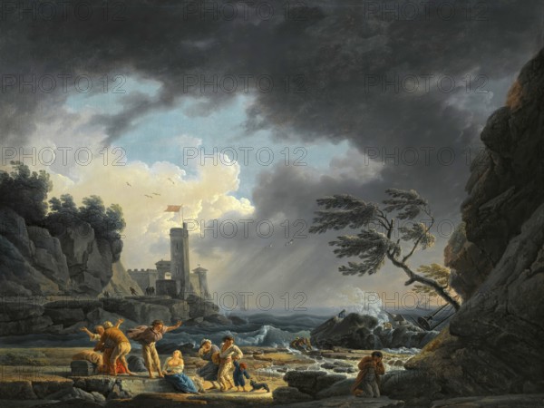 Claude Joseph Vernet (14 August 1714 - 3 December 1789), French painter, here his work, A Stormy Coastal Scene With Figures On A Beach Having Escaped A Shipwreck, Shipwreck in a Storm in front of a Fortress, In the foreground are shipwrecked people saving themselves on land, Painting, Reproduction of the painting, Work of art, Historical