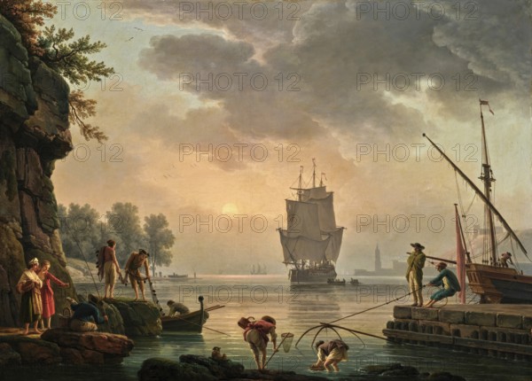 Claude Joseph Vernet (14 August 1714 - 3 December 1789), French painter, here his work, A foggy scene (1788), Sea shore with ships in the fog, scene shows fishermen at work, ships on the water and a picturesque coastline, Painting, Reproduction of the painting, Work of art, Historical