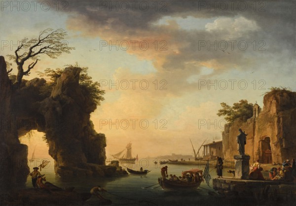 Claude Joseph Vernet (14 August 1714 - 3 December 1789), French painter, here his work, A Mediterranean port view with figures (1747), scene depicting a busy Mediterranean harbour at sunset, painting, reproduction of the painting, work of art, historical
