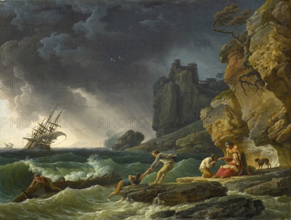 Claude Joseph Vernet (14 August 1714 - 3 December 1789), French painter, here his work, Stormy seas with castaways (1780), Stormy seas with castaways, Shipwrecked in a storm off the southern coast, Painting, Reproduction of the painting, Work of art, Historical