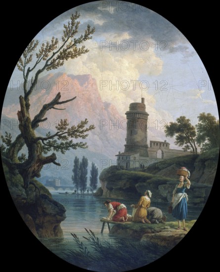 Claude Joseph Vernet (14 August 1714 - 3 December 1789), French painter, here his work, Paysage avec lavandières (1789), Landscape with washerwomen, idyllic coastal scene with a striking round tower in the background and washerwomen in the foreground, Painting, Reproduction of the painting, Work of art, Historical