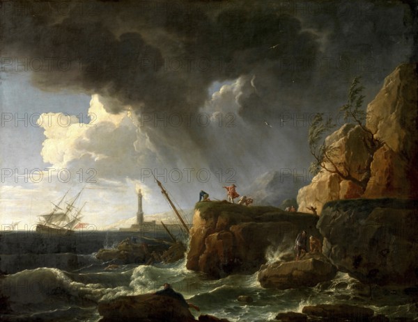 Claude Joseph Vernet (14 August 1714 - 3 December 1789), French painter, here his work, Seascape, Battle of the forces of nature on a steep rocky coast, In the background is a three-master in distress on the open sea, on the cliffs in the foreground figures watch the action, Painting, Reproduction of the painting, Work of art, Historical