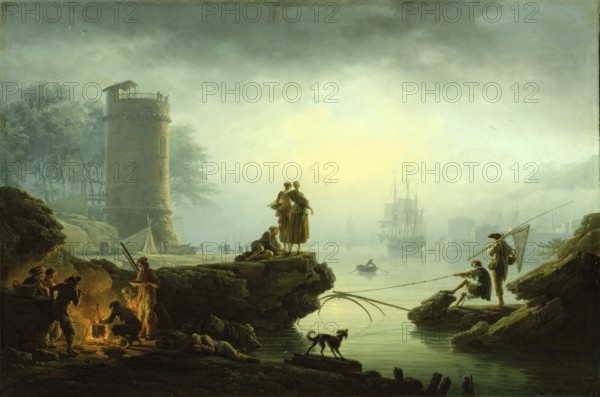 Claude Joseph Vernet (14 August 1714 - 3 December 1789), French painter, here his work, Morning (1760), a misty harbour landscape in the morning with a coastal fortress, fishermen and ships, Painting, Reproduction of the painting, Work of art, Historical
