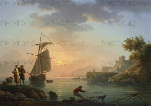 Claude Joseph Vernet (14 August 1714 - 3 December 1789), French painter, here his work, Mediterranean port at sunset, with a fisherman in the foreground (1778), scene depicts a typical Mediterranean port at dusk, fisherman, sailing ship, painting, reproduction of the painting, work of art, historical