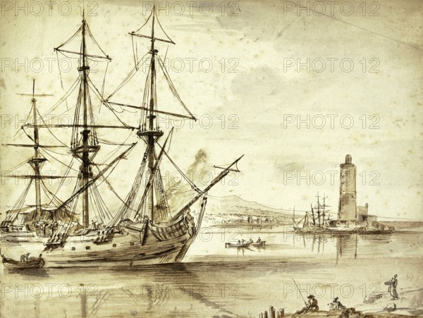 Claude Joseph Vernet (14 August 1714 - 3 December 1789), French painter, here his work, Navy, on the left a three-master, on the right a lighthouse, maritime scene with a large sailing ship on the left and a lighthouse on the right, painting, reproduction of the painting, work of art, historical