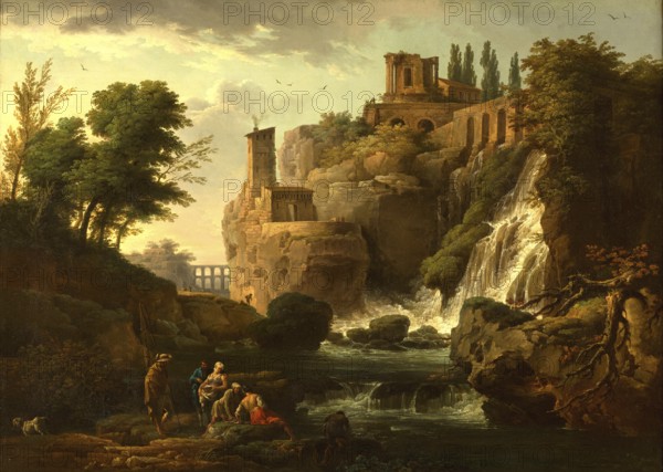 Claude Joseph Vernet (14 August 1714 - 3 December 1789), French painter, here his work, Les Cascatelles de Tivoli (1740-1748), the picturesque landscape around the Italian town of Tivoli, including the famous ancient ruins and waterfalls, Painting, Reproduction of the painting, Work of art, Historical