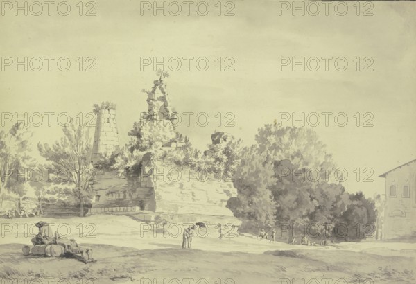 Claude Joseph Vernet (14 August 1714 - 3 December 1789), French painter, here his work, Tomb of the Horatii and Curiatii, Scene depicting the ancient ruins of the Tomb of the Horatii and Curiatii, located in Italy, Painting, Reproduction of the painting, Work of art, Historical