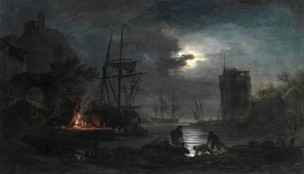 Claude Joseph Vernet (14 August 1714 - 3 December 1789), French painter, here his work, Moonlight, nocturnal harbour scene with ships, a bonfire and figures on the shore, Painting, Reproduction of the painting, Work of art, Historical
