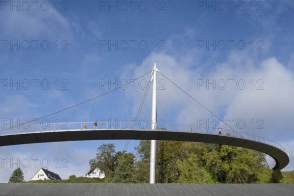 Footbridge to city harbor, rope bridge, suspension bridge, blue sky and clouds, Sassnitz, Rügen, island, Baltic Sea, Mecklenburg-Western Pomerania, Germany