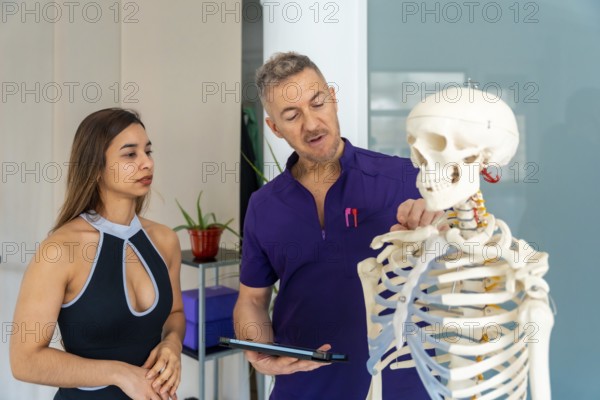 Experienced osteopath or physiotherapist showing a female patient spinal anatomy on a human skeleton model during a medical recovery or rehabilitation consultation in a clinic