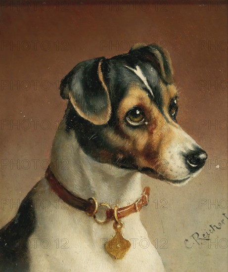 Carl Reichert, Karl Reichert, pseudonym J. Hartung (born 27 August 1836 in Vienna, died 5 April 1918 in Graz) . Austrian painter, especially landscape painter and animal painter. Here his work:, portrait of a Jack Russell Terrier, Painting, Reproduction of the painting, Work of art, Historical