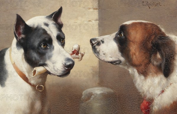 Carl Reichert, Karl Reichert, pseudonym J. Hartung (born 27 August 1836 in Vienna, died 5 April 1918 in Graz) . Austrian painter, especially landscape painter and animal painter. Here his work:, The Prize in Danger, Two dogs in a tense situation around a bone, Painting, Reproduction of the painting, Work of art, Historical