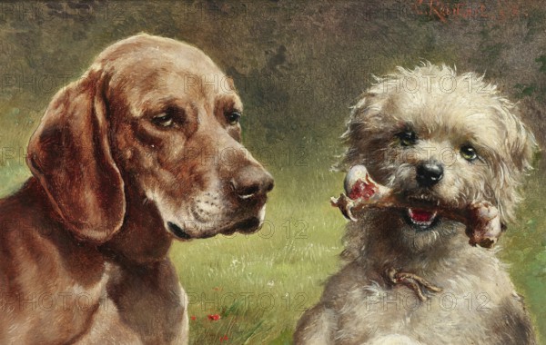 Carl Reichert, Karl Reichert, pseudonym J. Hartung (born 27 August 1836 in Vienna, died 5 April 1918 in Graz) . Austrian painter, above all landscape painter and animal painter. Here his work:, The Bone (1915), On the left a hunting dog, probably a pointer or vizsla, on the right a smaller, fuzzy dog, possibly a poodle or terrier mix, holding a bone in its mouth, Painting, Reproduction of the painting, Work of art, Historical