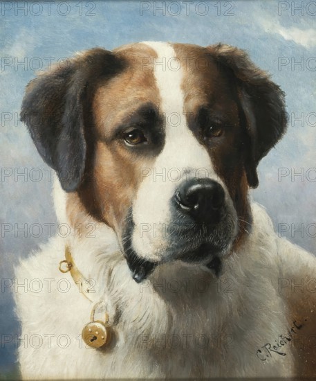 Carl Reichert, Karl Reichert, pseudonym J. Hartung (born 27 August 1836 in Vienna, died 5 April 1918 in Graz) . Austrian painter, especially landscape painter and animal painter. Here his work:, St Bernard, St Bernard dog, Painting, Reproduction of the painting, Work of art, Historical