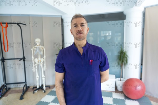 Physiotherapist standing confidently in a modern recovery clinic, offering sports osteopathy and medical rehabilitation amidst professional equipment and a skeletal model