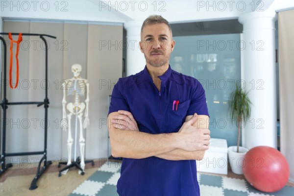 Confident male physiotherapist or osteopath standing with arms crossed in clinic, providing professional medical recovery and sports therapy consultation with equipment visible