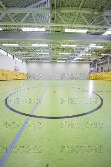 View of an empty handball court with goals in a large sports hall, Handball, Calw, Germany