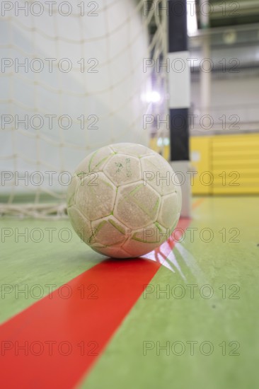A handball is close to the goal in a sports hall on a playing field, handball, Calw, Germany