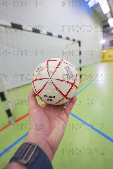 A hand holding a handball in front of a goal in a sports hall, Handball, Calw, Germany