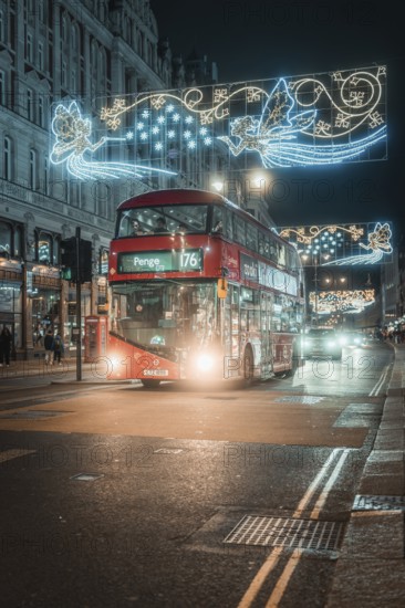 Red double-decker bus travels through London at night under Christmas lights, London, Great Britain