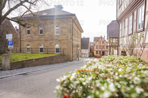 Street scene in a historic district with old buildings and intersecting roads, Ötisheim, Enzkreis, Germany