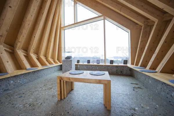 Interior with large window and minimalistic wooden design elements, Sinnraum, Oberreute, Allgäu, Bavaria, Germany