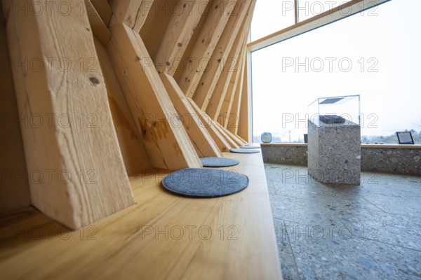 Modern interior with wooden seating facing a large window, Sinnraum, Oberreute, Allgäu, Bavaria, Germany