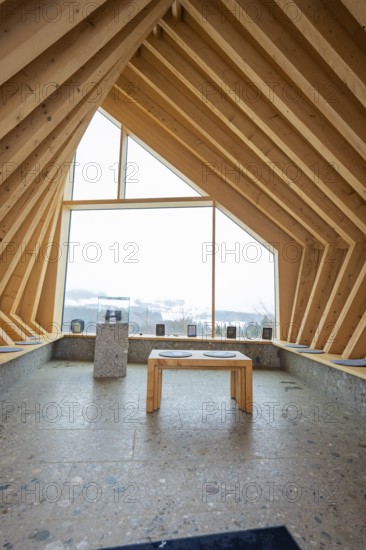 Modern room with large panoramic window and views of the countryside, Sinnraum, Oberreute, Allgäu, Bavaria, Germany