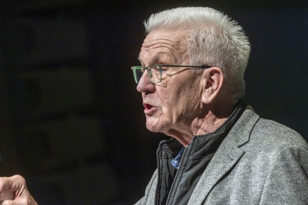 Portrait of Winfried Kretschmann giving a speech. Political Ash Wednesday of the Green Party in Biberach. Biberach, Baden-Württemberg, Germany