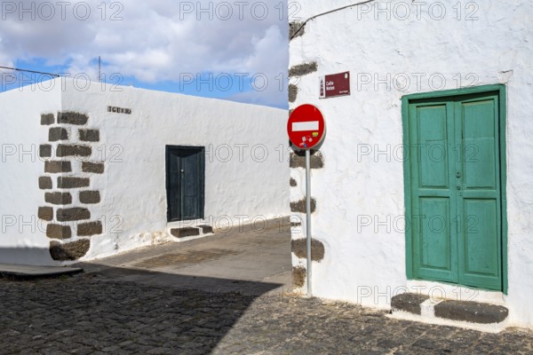 Typical white house with turquoise doors and windows, Teguise, Lanzarote, Canary Islands, Spain