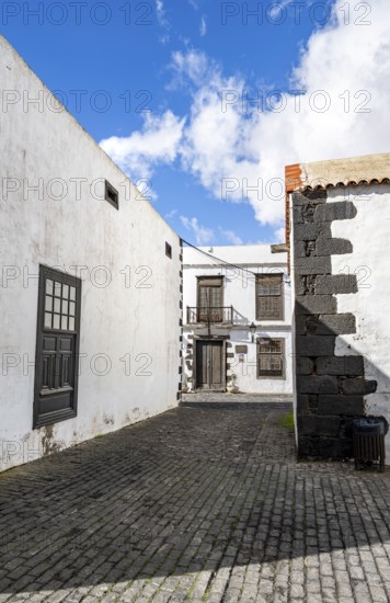 Typical white houses with wooden doors and windows, Teguise, Lanzarote, Canary Islands, Spain