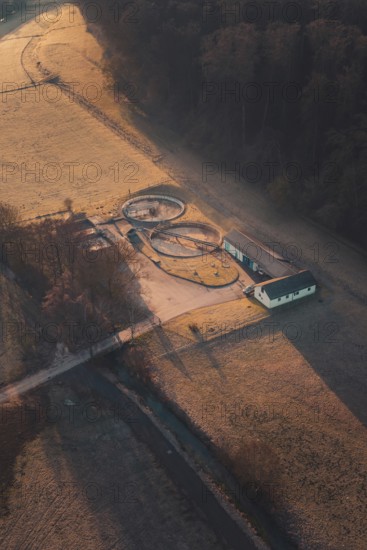 Wastewater treatment plant and delicate light patterns through trees and fields at dawn, Gechingen, Calw district, Germany