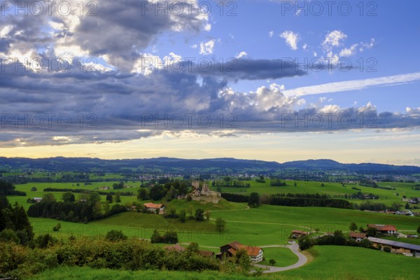 View of Oberallgäu with Sulzberg ruins, Oberallgäu, Swabia, Bavaria, Germany