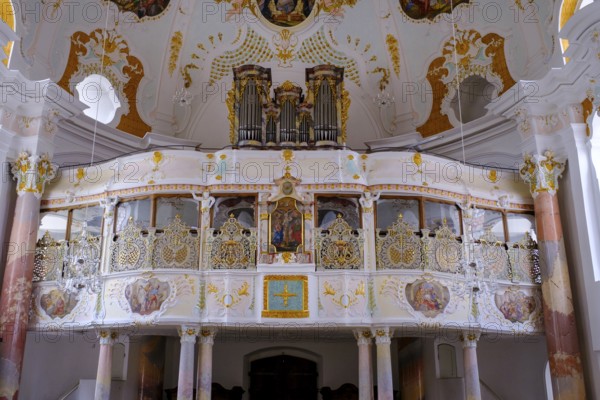 Ceiling fresco, and organ gallery, Church of Our Lady, Günzburg, Swabia, Bavaria, Germany