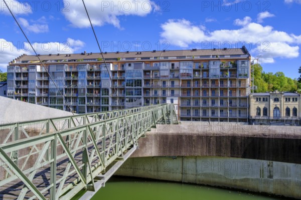 Old renovated spinning mill and dam, hydroelectric power plant on the Iller, Kempten, Oberallgäu, Swabia, Bavaria, Germany