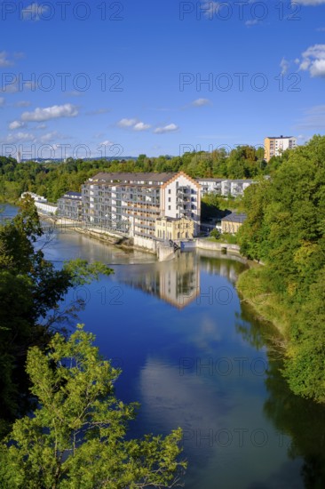 Old renovated spinning mill and dam, hydroelectric power plant on the Iller, Kempten, Oberallgäu, Swabia, Bavaria, Germany