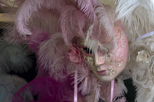 Carnival mask in a shop window, Venice, Veneto, Italy