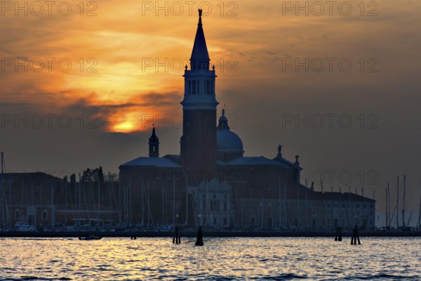 Silhouette of San Giorgio Maggiore church at sunset, Venice, Veneto, Italy