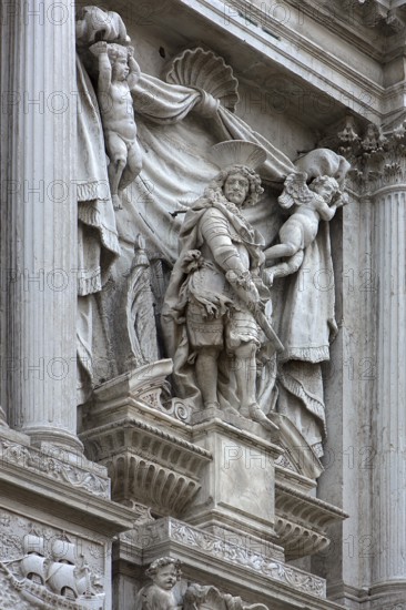 Secular sculptures at the Baroque church di Santa Maria del Giglio, built in 1681, Venice, Veneto, Italy