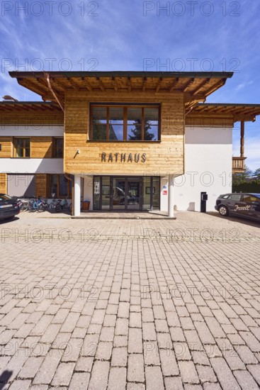 Town Hall, commercial buildings, alpine buildings, modern architecture, wood construction material, lantern, concrete paving, blue sky, cirrus clouds, cirrostratus clouds, town hall square, Inzell, Traunstein district, Bavaria, Germany