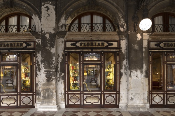 Historic Caffé Florian in the arcades of the old Procuration, 16th century early in the morning, Venice, Veneto, Italy