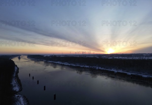 Drone shot, sunrise on the icy Kiel Canal, NOK, Kiel Canal, Kiel Canal, Schleswig-Holstein, Germany