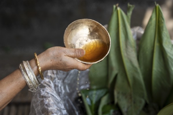 A Mising woman prepares traditional rice beer 'Aapong' during Ali-Aye-Ligang festival in Guwahati, Assam, India on 18 February 2026. Ali-Aye-Ligang celebrates the Mising community's sowing season with traditional dance, rituals, feasting, and prayers for a prosperous harvest