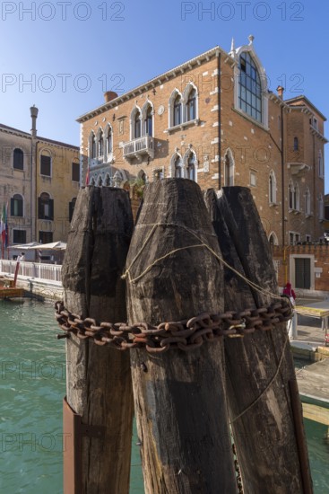 Anchor posts in the Grand Canal, a palazzo in the back, Venice, Veneto, Italy
